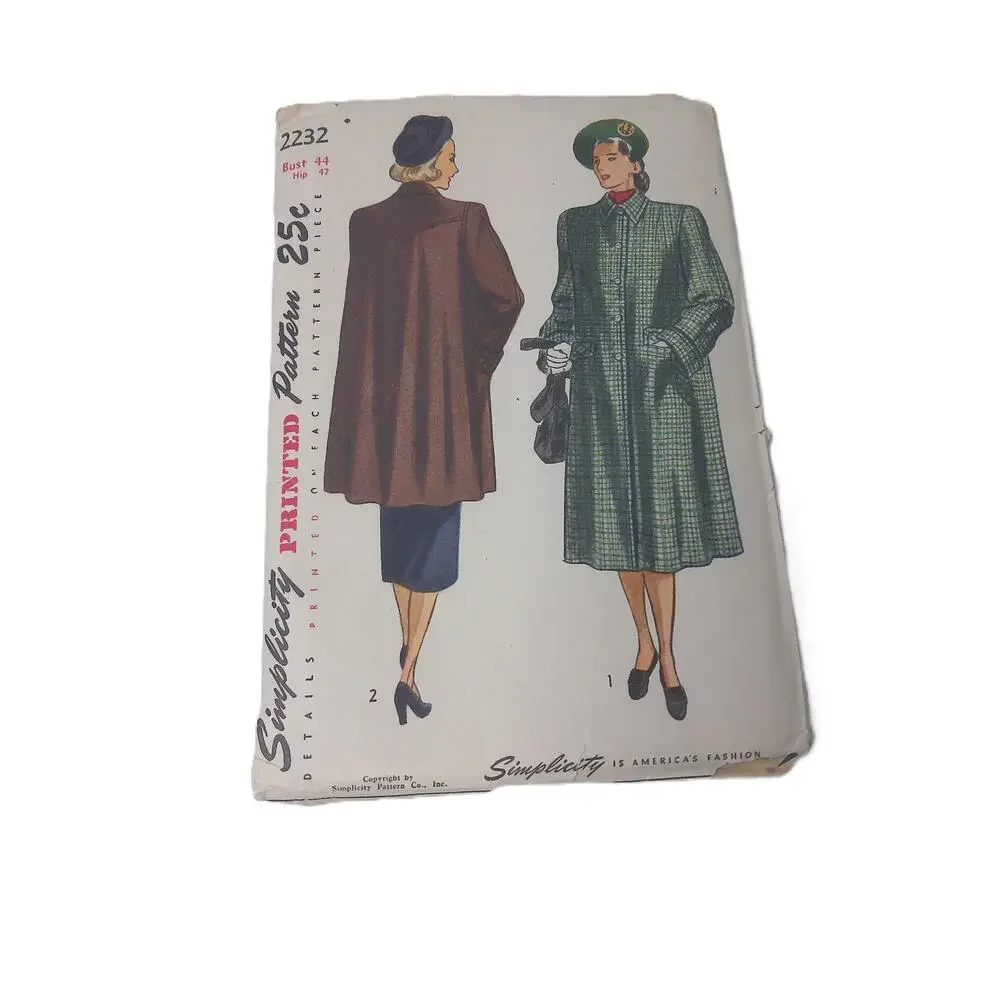 Vtg 1947 Simplicity 2232 Swing Coat Sewing Pattern Front/Back Variations Volup